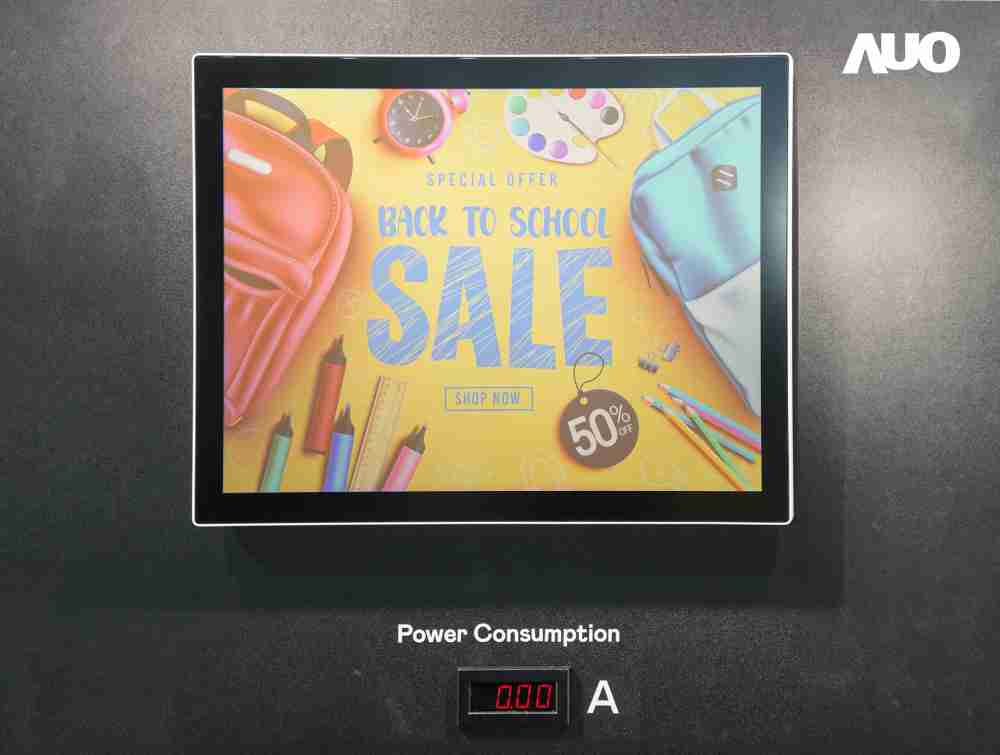 汇旺支付展示胆固醇液晶超低耗能户外全彩显示器，，，ChLC（胆固醇液晶）以双稳态技术使静态显示零功耗，，，，具省电、、高彩度、、环保的特性，，还整合软硬件系统解决方案，，，可透过单一云端平台管理