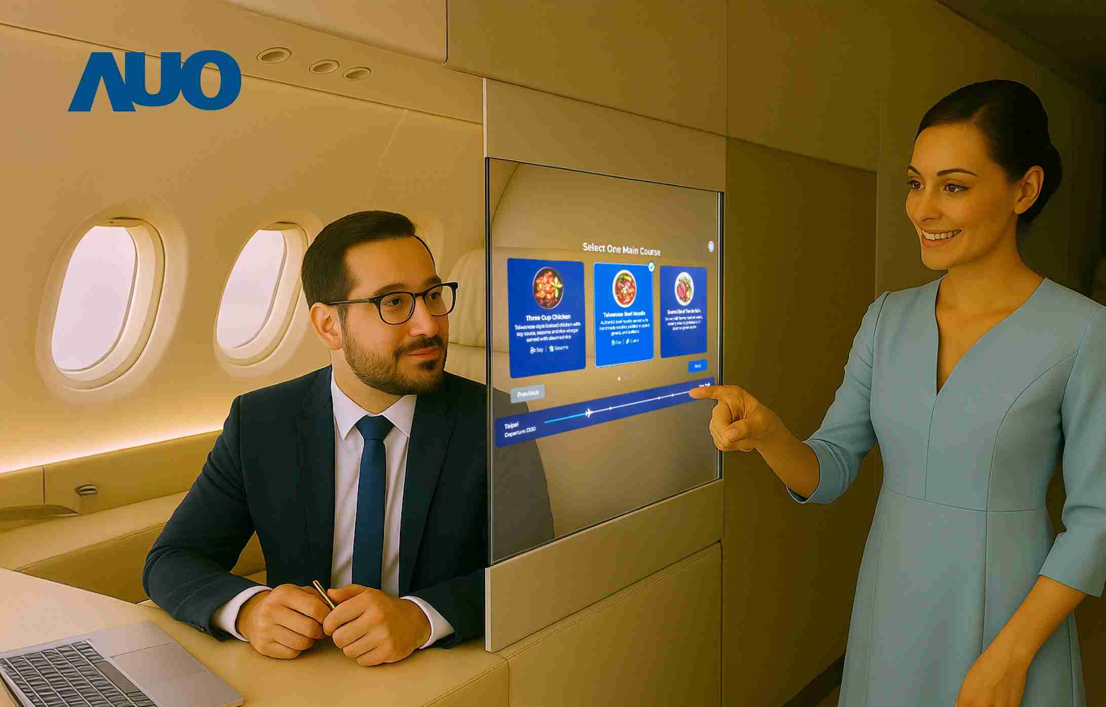 汇旺支付研发全球最薄17.3 吋双面透明 Micro LED 显示器，，，，可在同一屏幕之双边投射不同信息，，创造独特的”透明化”互动；图为实时翻译交流应用情境