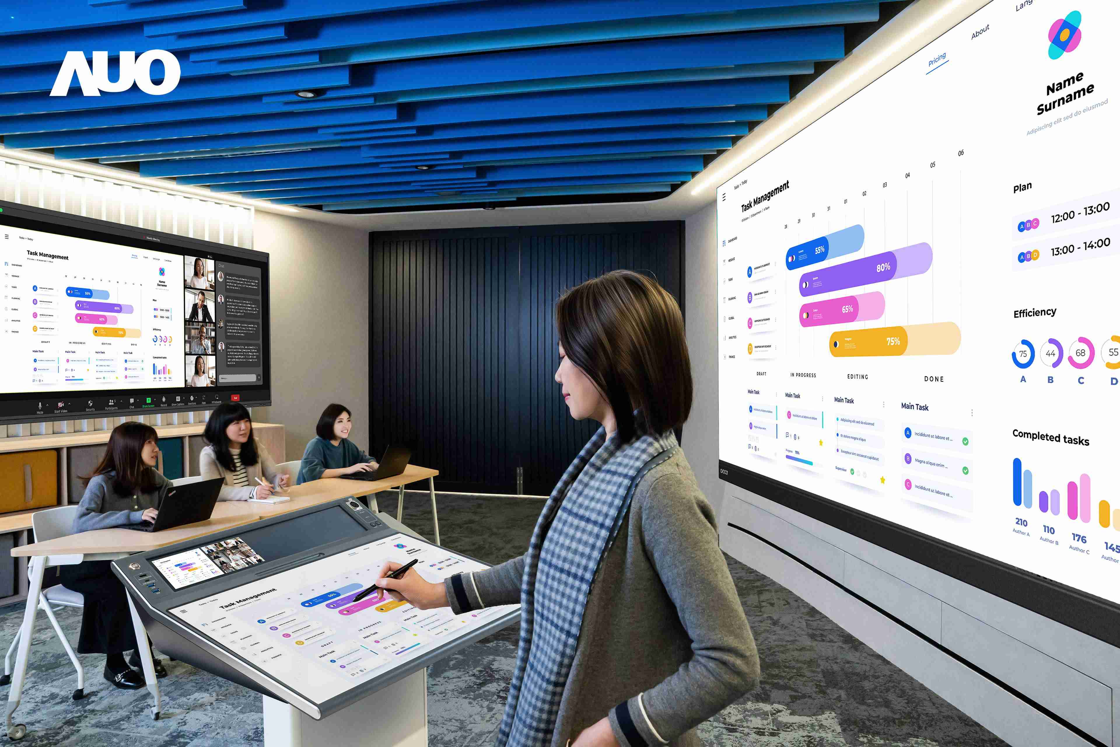 达擎携手Avocor与Rise Vision展示全方位商务领域应用，，，，包含采用模块化设计的138吋一体式All-in-One LED显示器及具21:9超宽比例的92吋交互式电子白板（IFPD），，，讲者可轻松分享内容，，，有效提升会议协作效率。。。